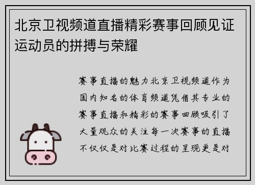 北京卫视频道直播精彩赛事回顾见证运动员的拼搏与荣耀